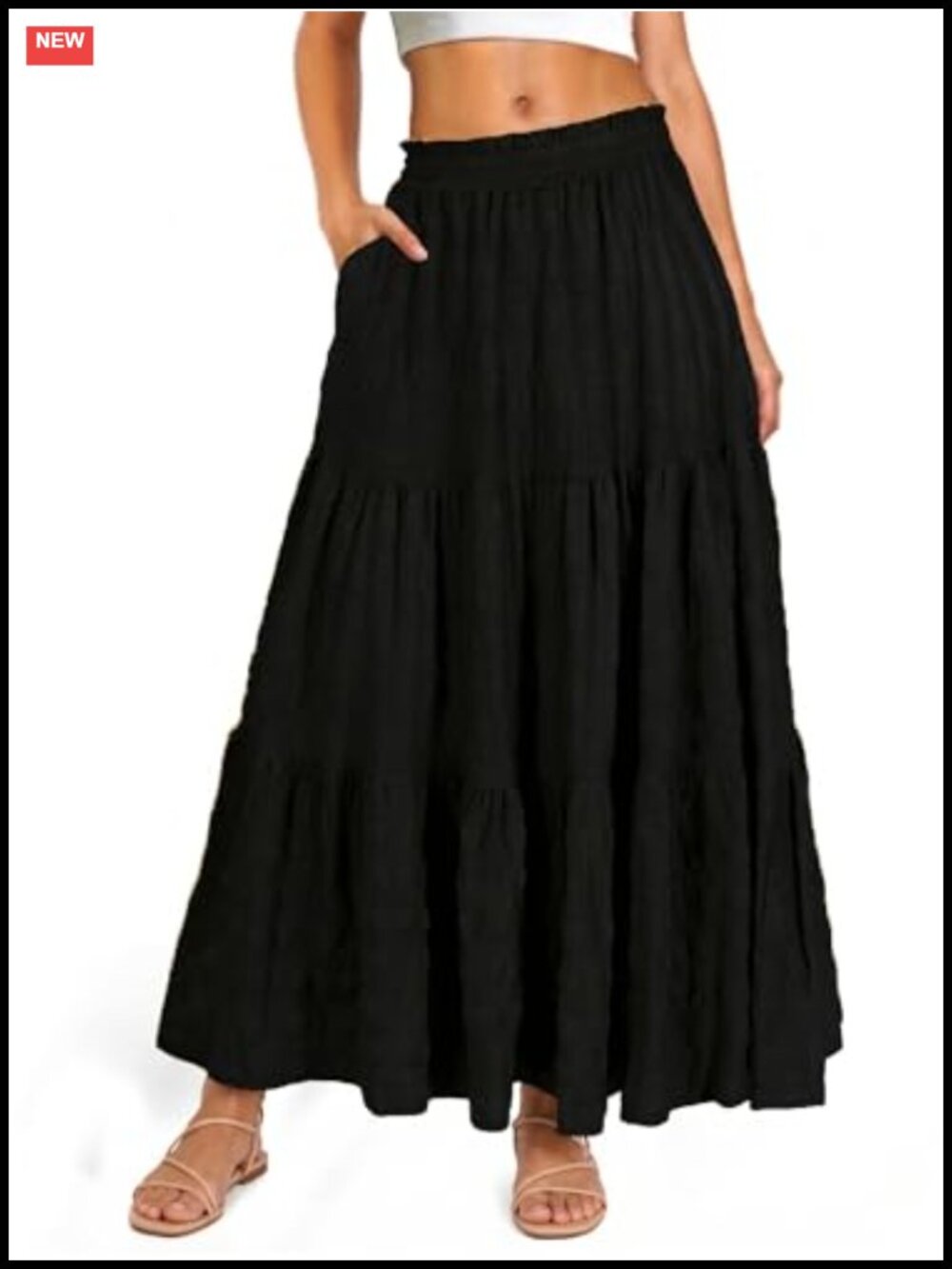 Boho Maxi Skirt Elastic High Waist A Line Flowy Ruffle with Pockets